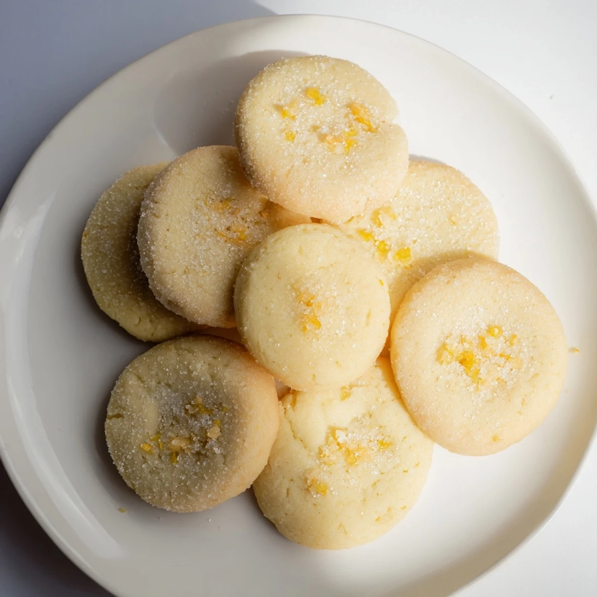 Golden soft chewy lemon cookies with crackled tops and bright lemon zest garnish on white plate