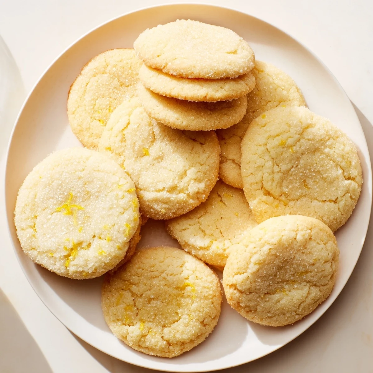 Batch of freshly baked soft chewy lemon cookies cooling on wire rack with powdered sugar dusting