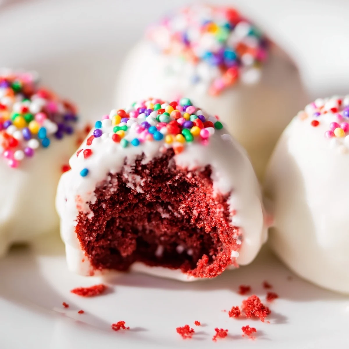 Bite-sized red velvet cheesecake balls coated in smooth white chocolate with colorful sprinkles