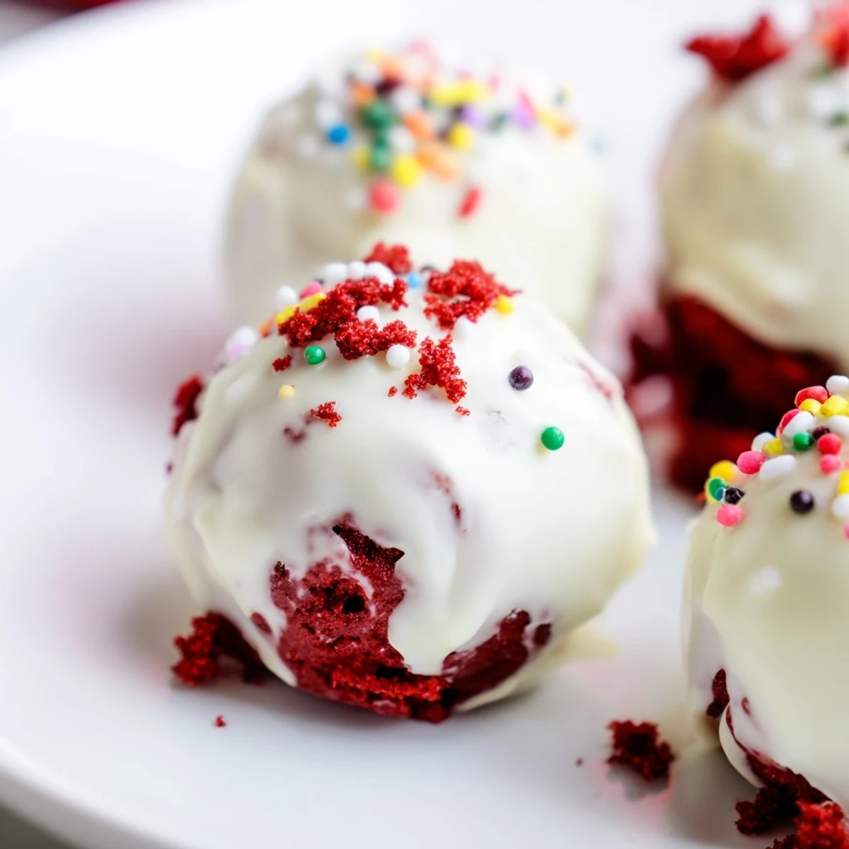 Hand-rolled red velvet cheesecake balls dipped in melted white chocolate, served chilled for dessert