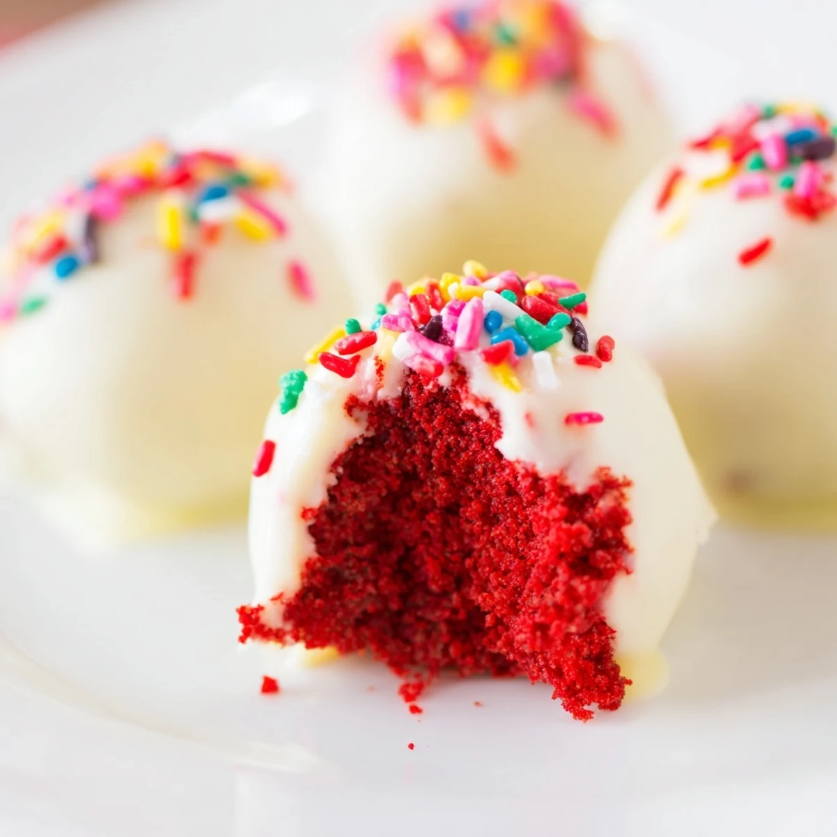 Decadent red velvet cheesecake balls on a white plate, garnished with red velvet crumbs