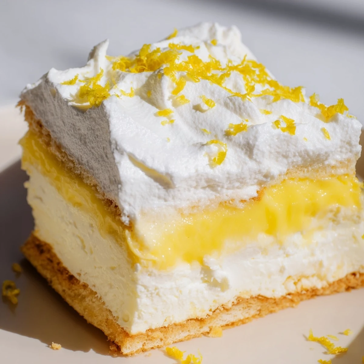 Creamy lemon lush cake square showing buttery crust, smooth lemon filling, and fluffy whipped topping layers