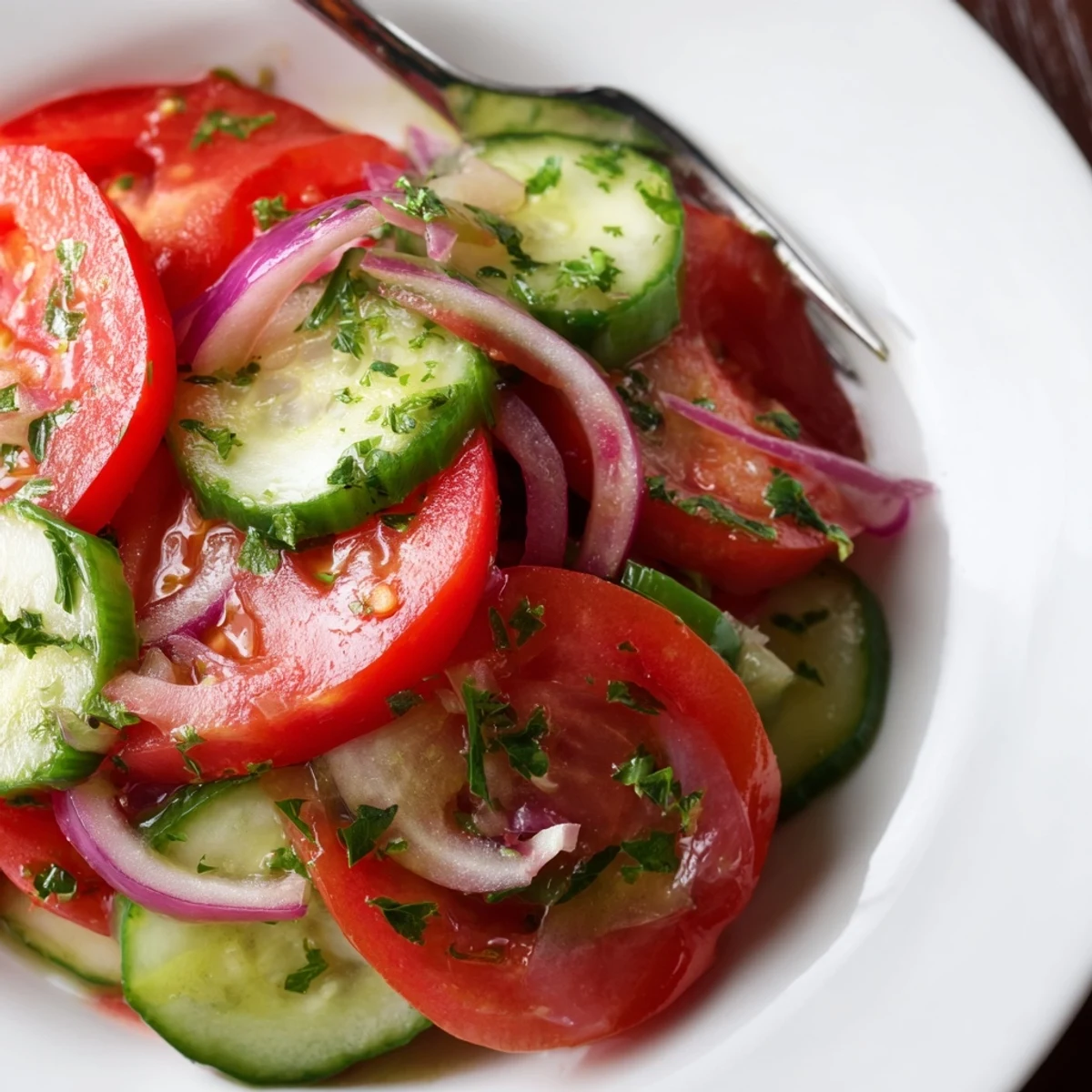 Cucumber Tomato Salad with crisp cucumbers, juicy tomatoes, tangy vinaigrette, freshly chopped parsley