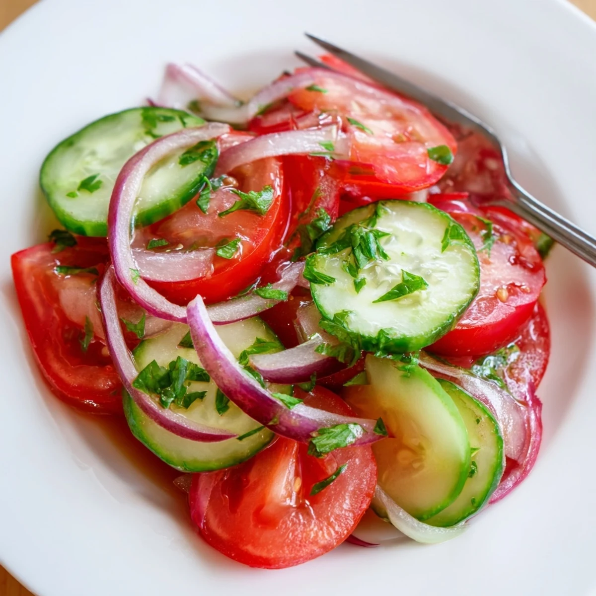 Bright Cucumber Tomato Salad tossed in lemony olive oil, perfect summer side