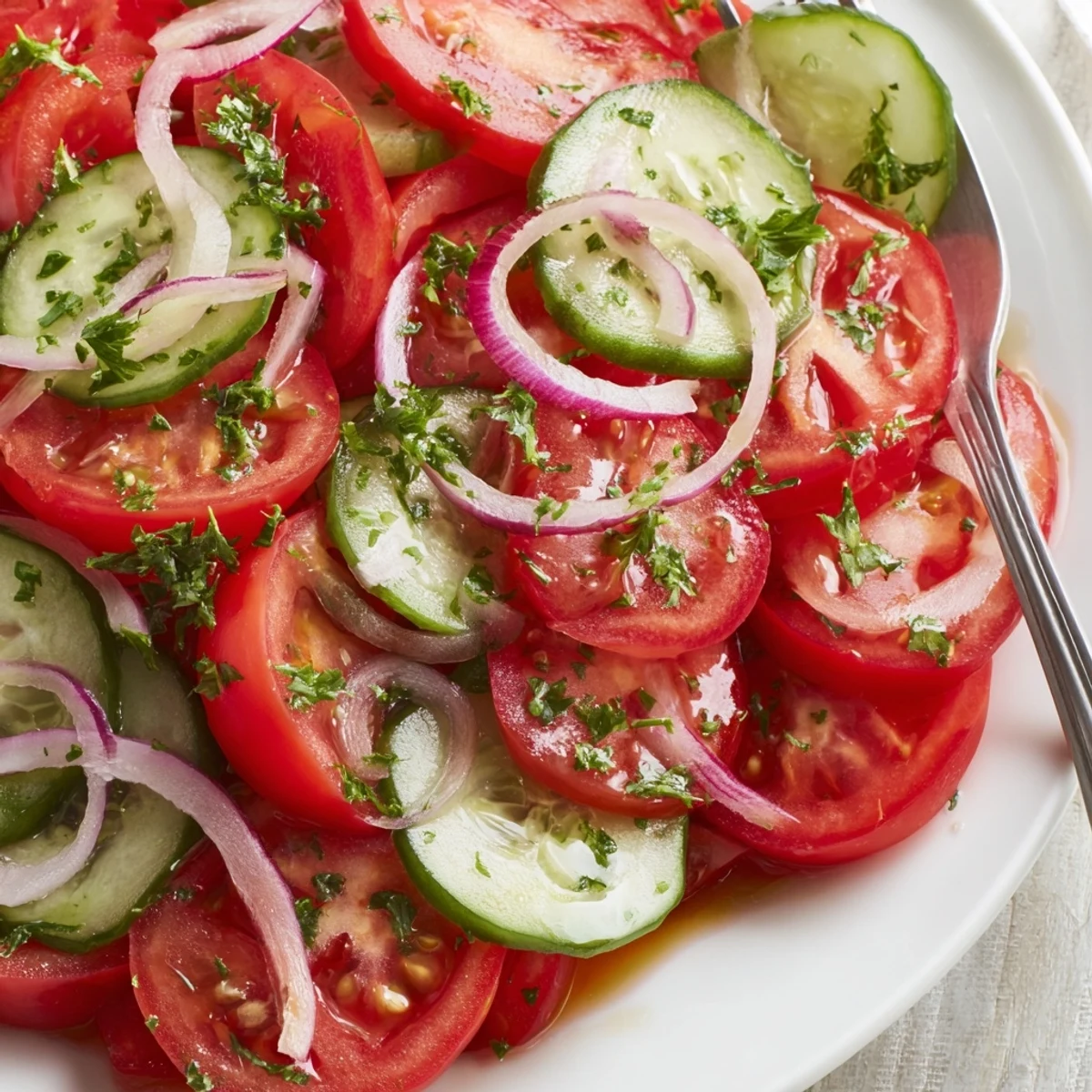 Homestyle Cucumber Tomato Salad with thin red onion slices, zesty bite