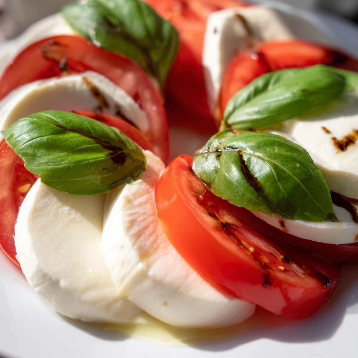 Classic Caprese Salad with ripe red tomatoes, creamy mozzarella, bright basil.
