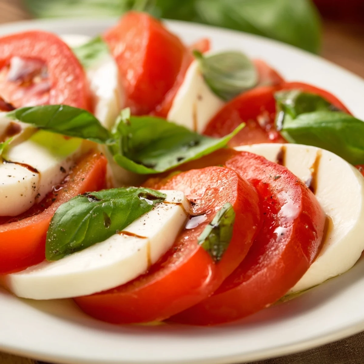Aromatic Classic Caprese Salad drizzled with olive oil and balsamic glaze.