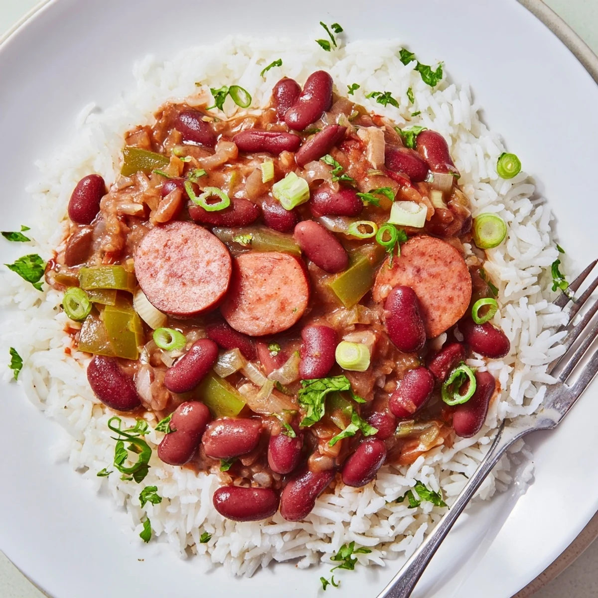 Hearty Red Beans and Rice ladled onto steaming rice, sprinkled with chopped scallions.