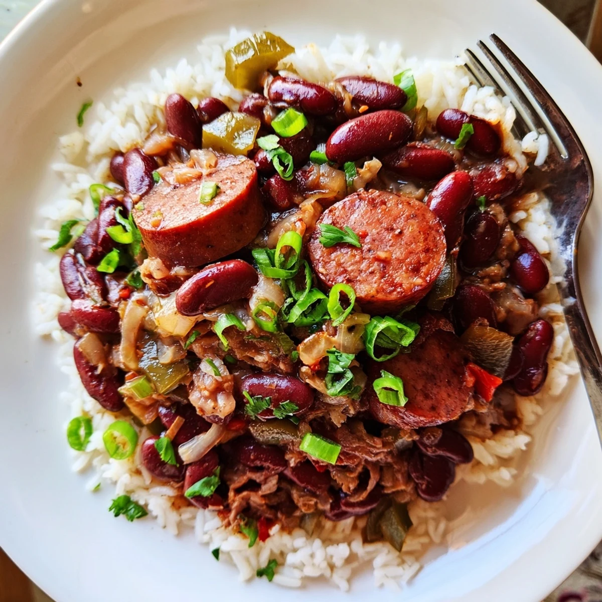 Slow-simmered Red Beans and Rice with tender beans, smoky sausage, and cayenne.