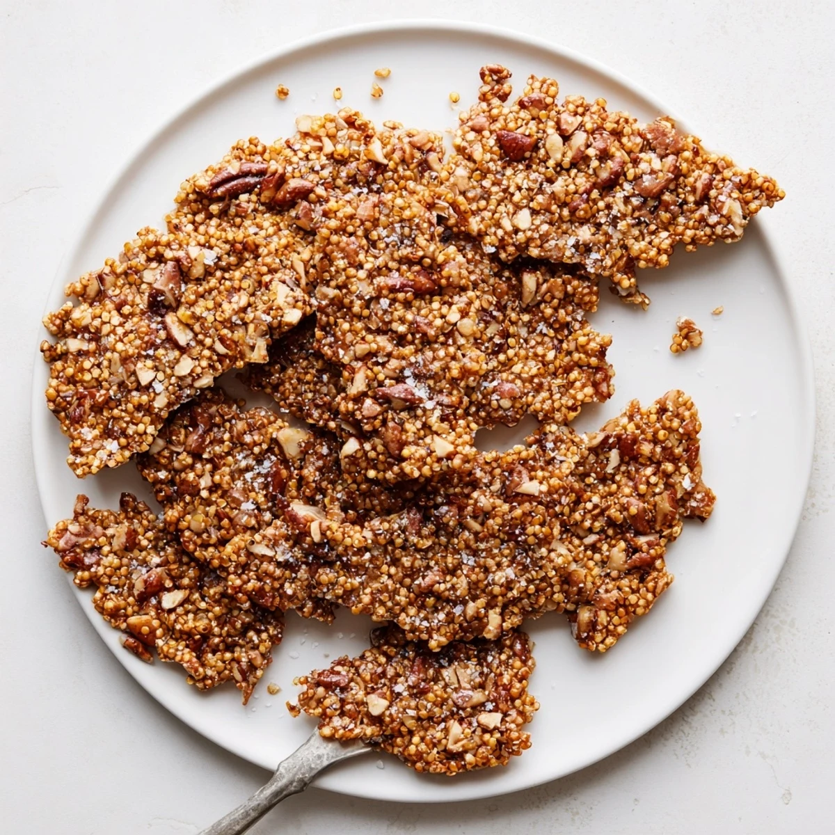 Sea Salted Quinoa Pecan Brittle cooling in glossy shards sprinkled with flaky sea salt