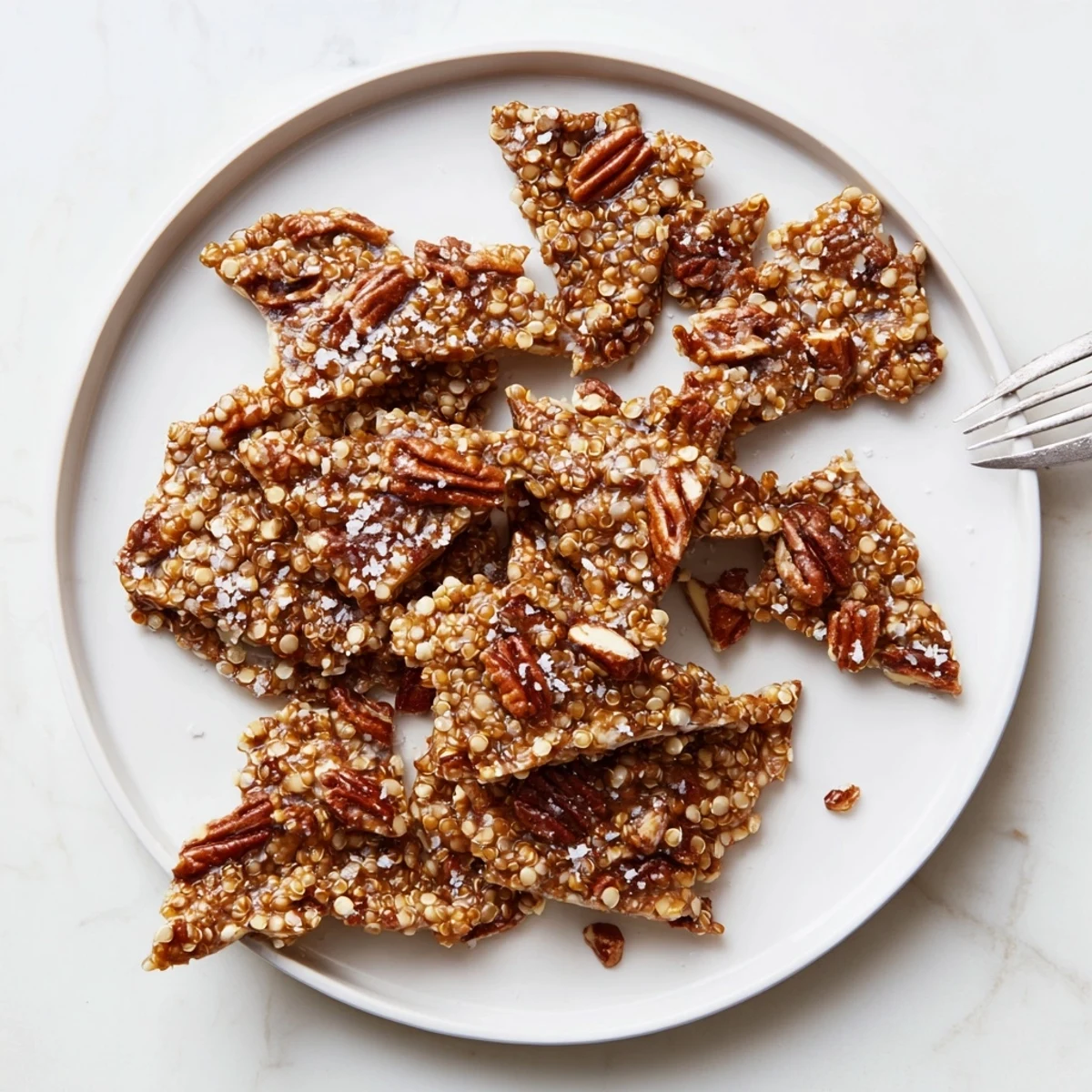 Warm Sea Salted Quinoa Pecan Brittle studded with toasted pecans and puffed quinoa