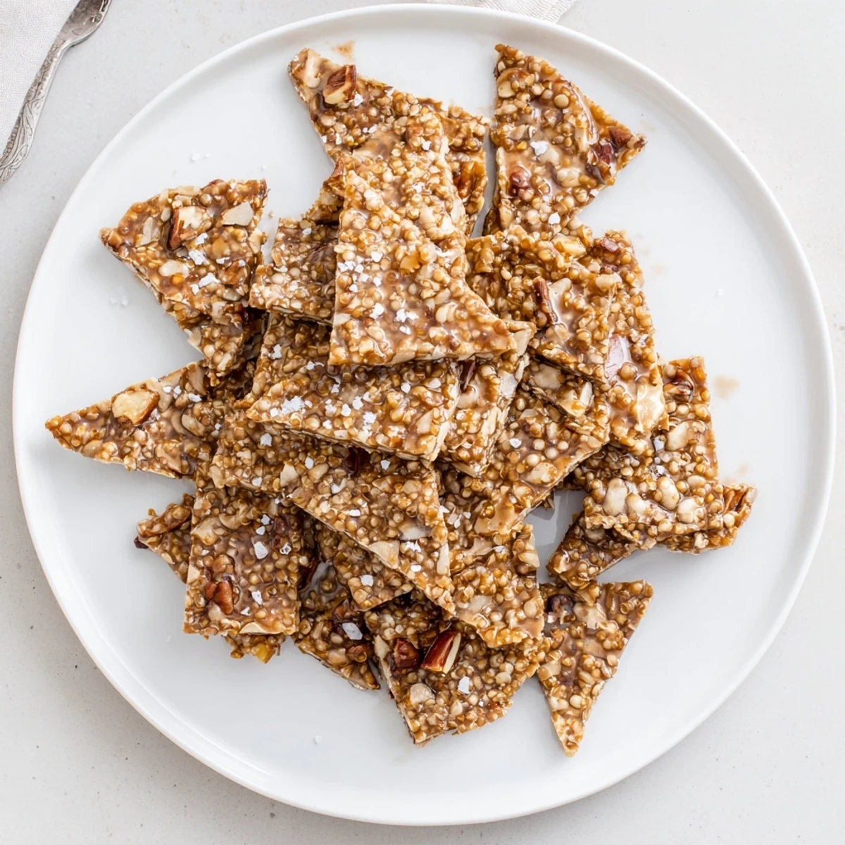 Chunky Sea Salted Quinoa Pecan Brittle served beside coffee for sweet, crunchy contrast