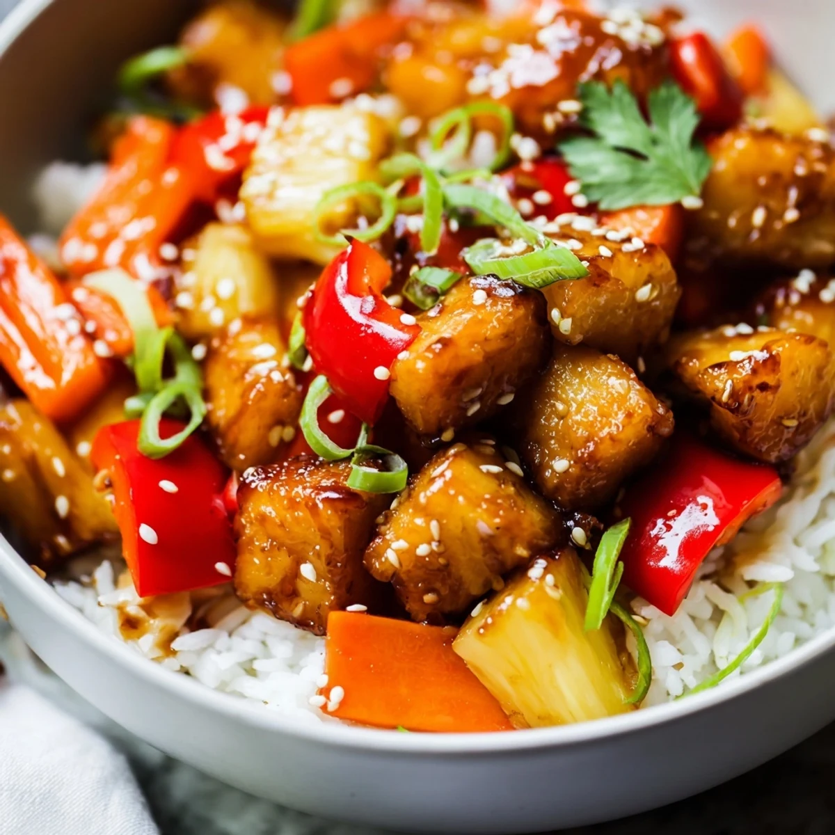 Golden pineapple chicken rice bowl glistening with sweet soy glaze and colorful stir-fried vegetables