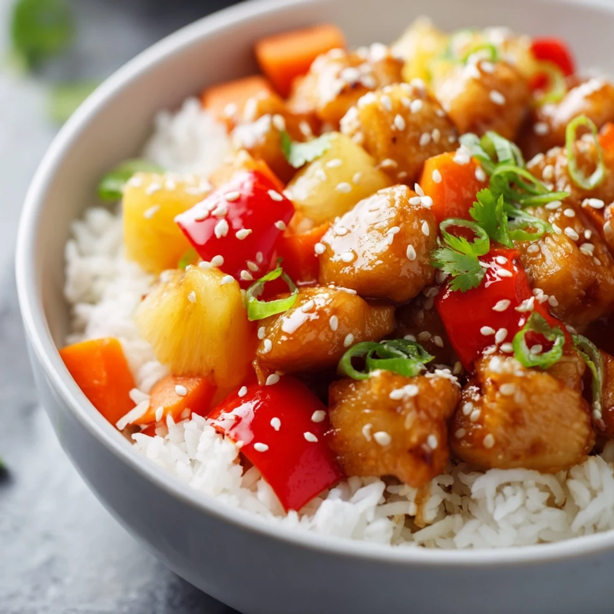 Tender chicken and caramelized pineapple chunks served over fluffy jasmine rice in a bowl