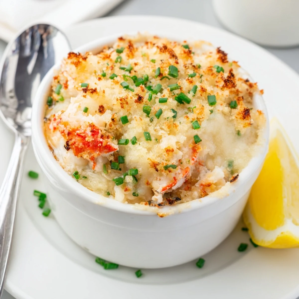 Golden bubbling cheesy jumbo lump crab au gratin fresh from the oven
