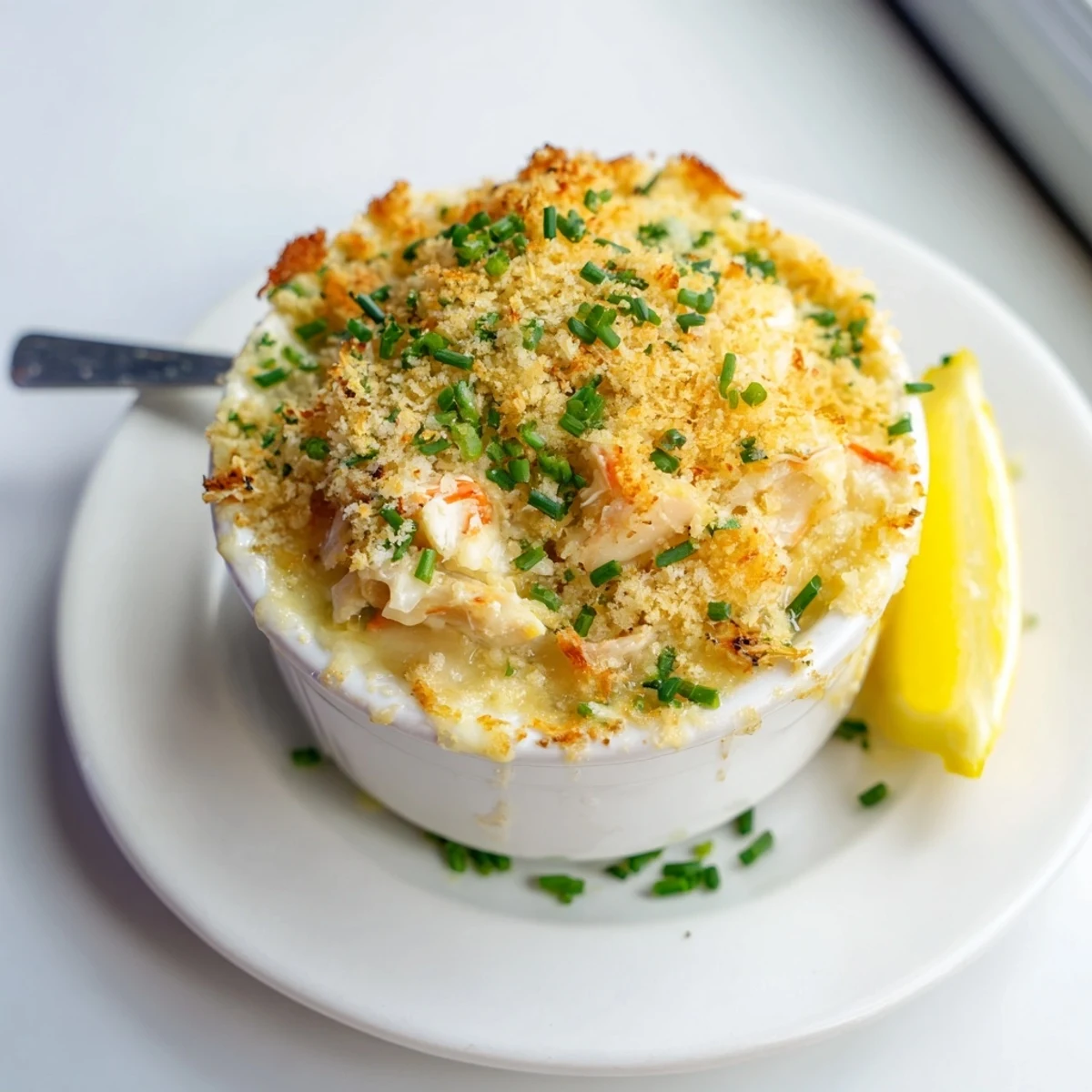 Creamy cheesy jumbo lump crab au gratin with a crispy panko Parmesan crust
