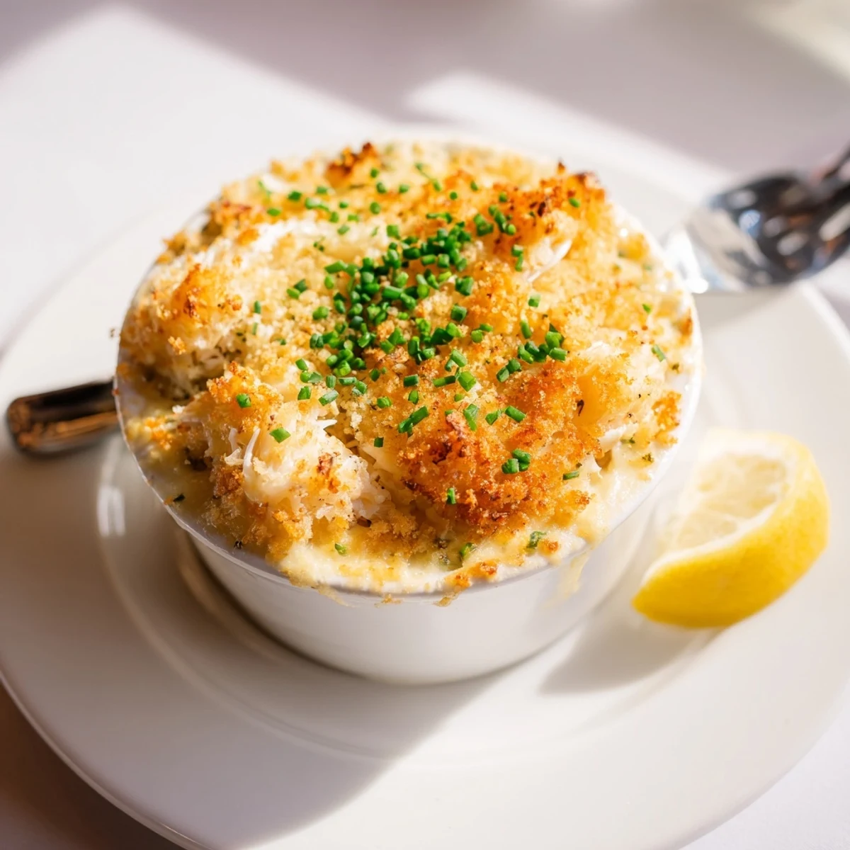 Spoonful of cheesy jumbo lump crab au gratin in a ramekin with fresh chives