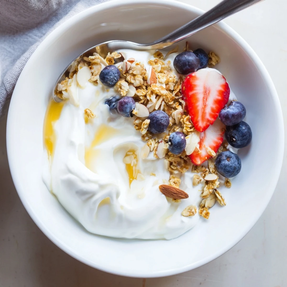 Thick creamy homemade yogurt spooned into glass jars topped with fresh berries