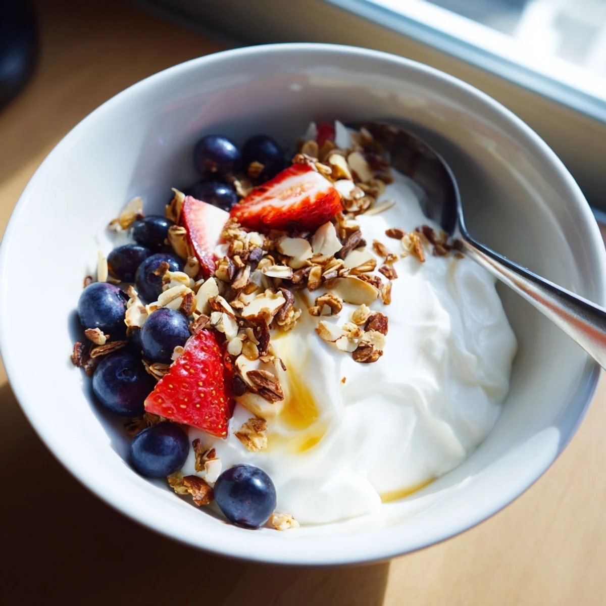 Silky smooth homemade yogurt drizzled with golden honey and scattered granola bits