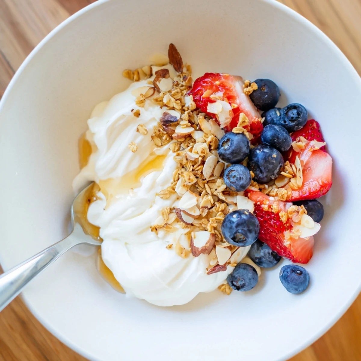 Velvety homemade yogurt in a ceramic bowl garnished with sliced ripe strawberries