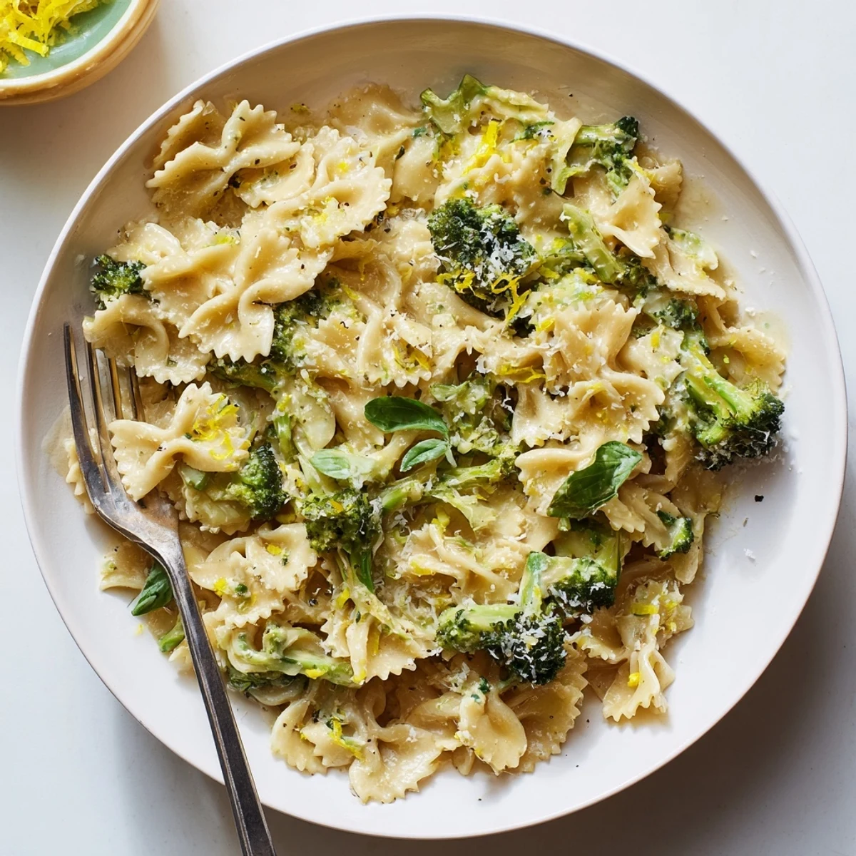 Creamy Mafaldine Pasta Limone Broccoli in a bright lemon Parmesan sauce with tender green florets