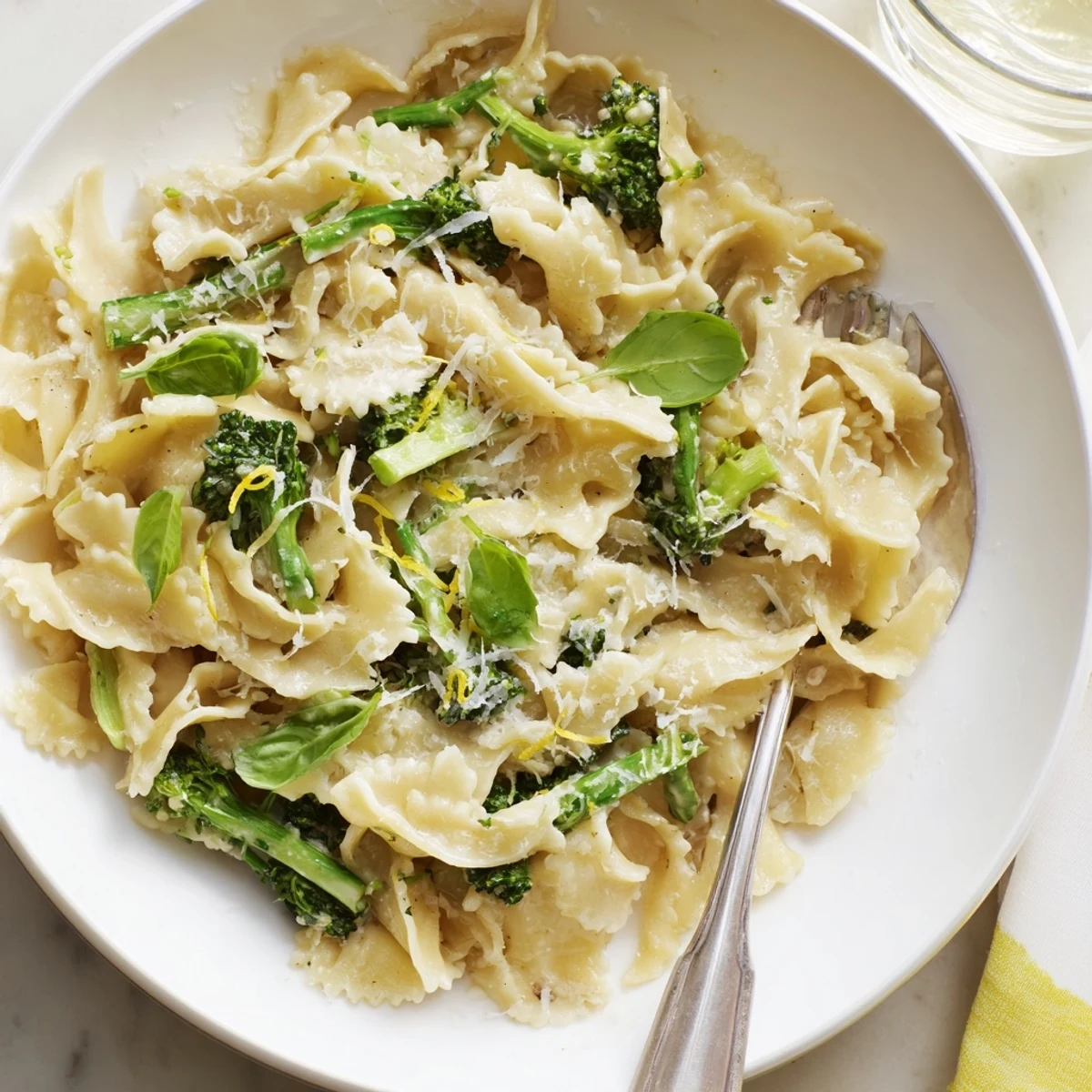 Mafaldine Pasta Limone Broccoli plated with fresh basil and extra lemon zest garnish