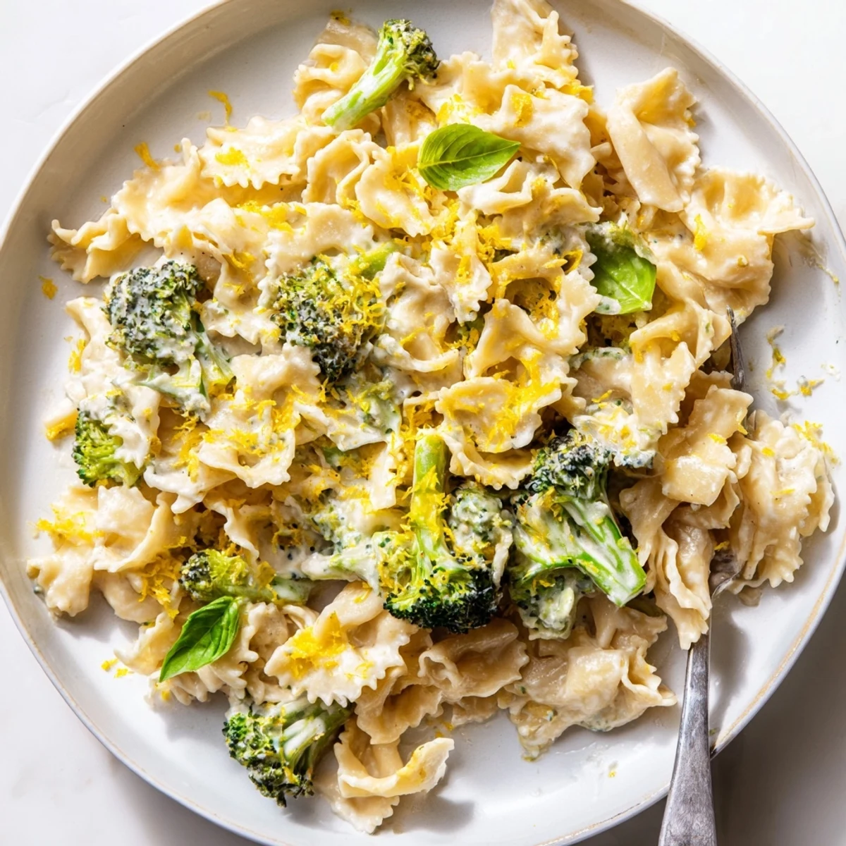Golden creamy lemon sauce coating ribbon-shaped Mafaldine Pasta Limone Broccoli in a white bowl