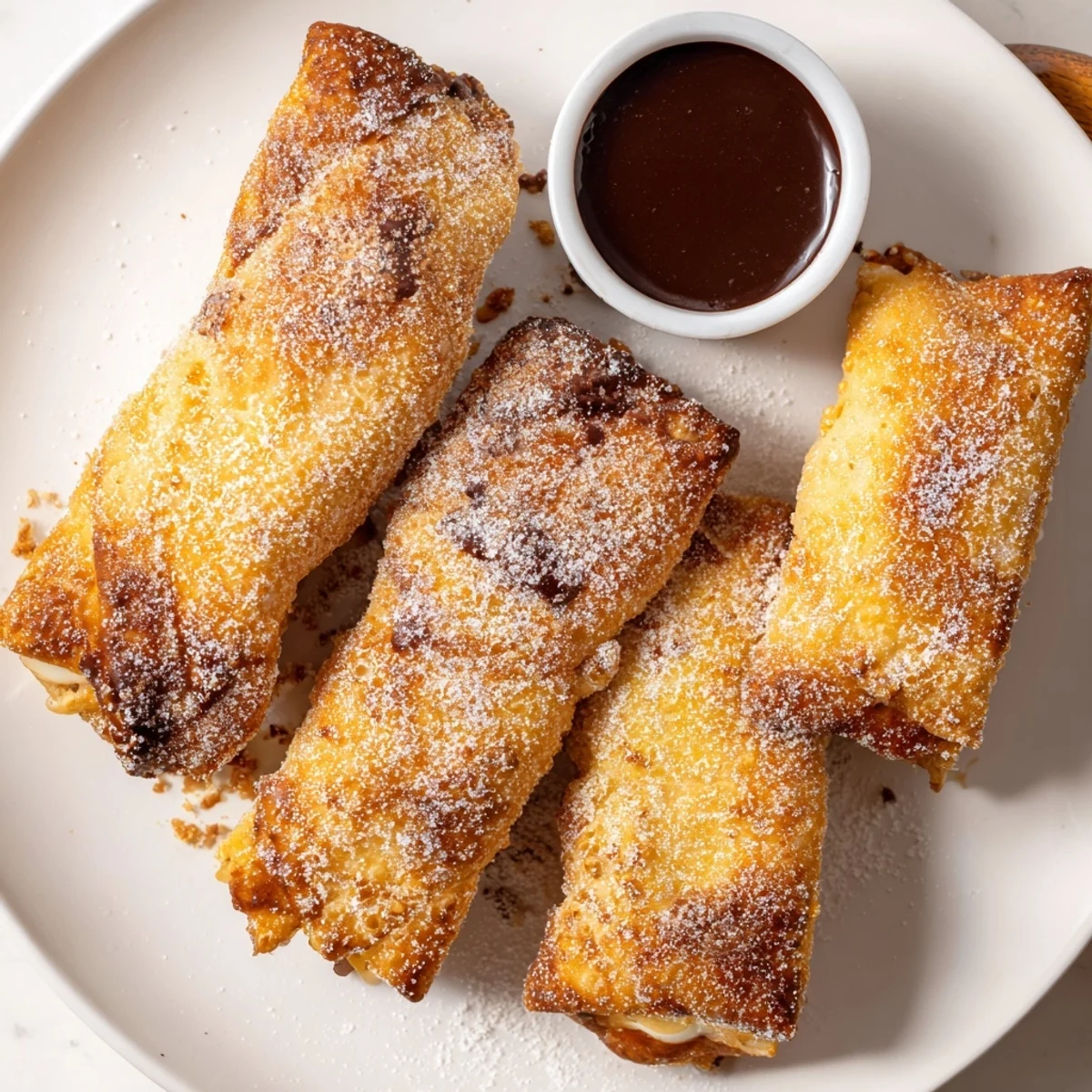 Crispy golden cheesecake egg rolls dusted with powdered sugar on a rustic plate