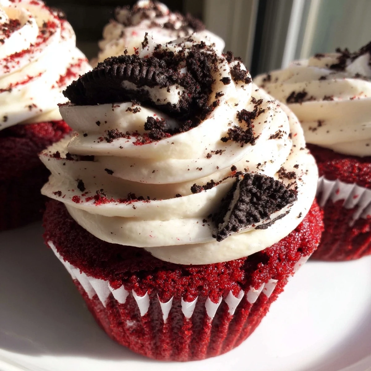 Soft red velvet Oreo cupcakes topped with creamy cookie-flecked frosting on a rustic plate