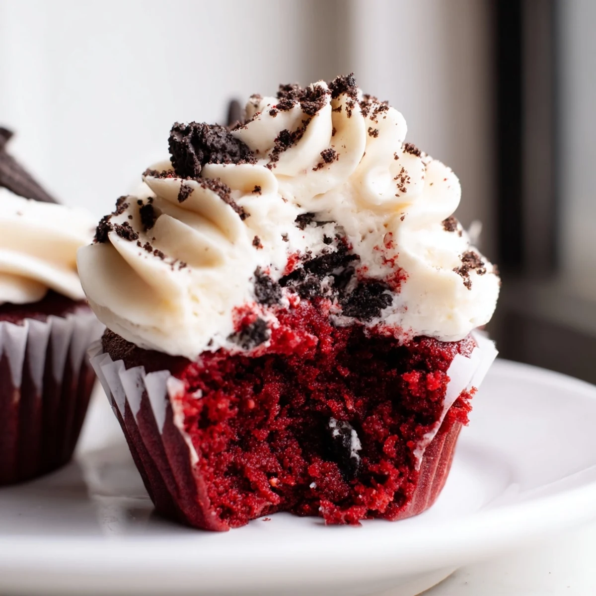Decadent red velvet Oreo cupcakes piled high with fluffy frosting and garnished with crumbled cookies