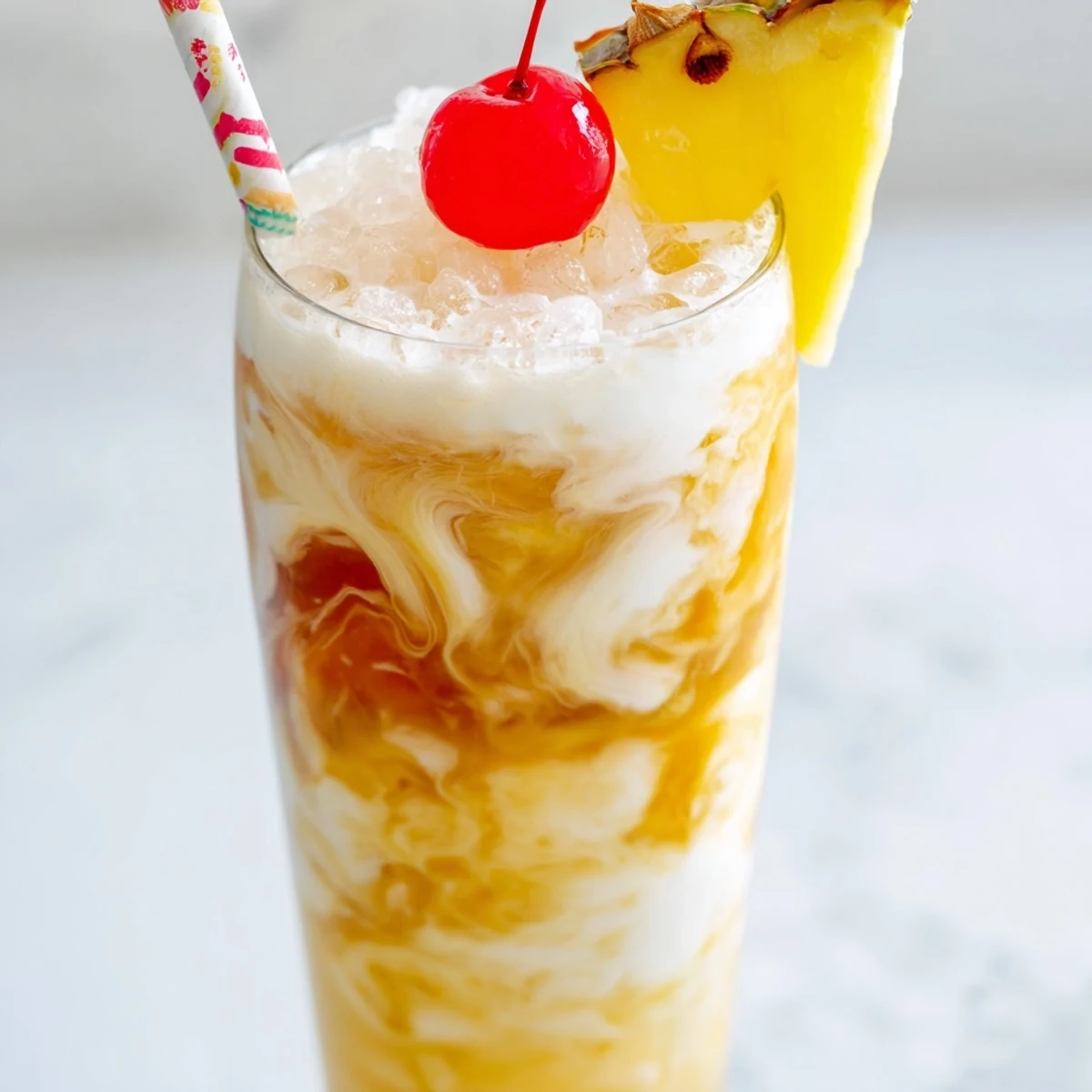 Creamy Tropical Thunder Dirty Soda swirling with coconut and mango syrup over crushed ice