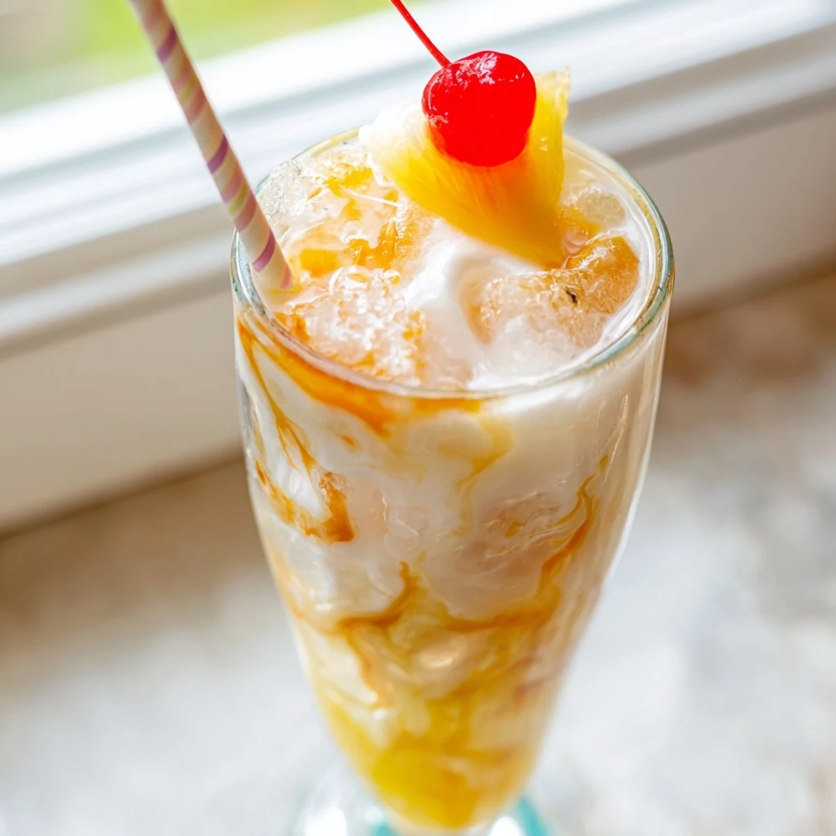 Tropical Thunder Dirty Soda topped with pineapple garnish and a rich coconut cream layer