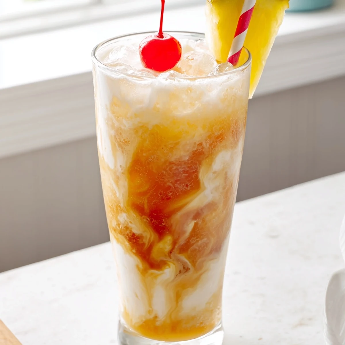 Fizzy Tropical Thunder Dirty Soda in a tall glass with cherry and mint garnish