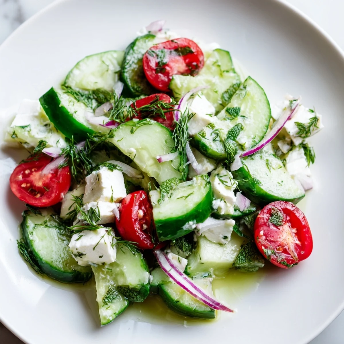 Crumbled feta cheese tops a bright feta cucumber herb salad with fresh dill