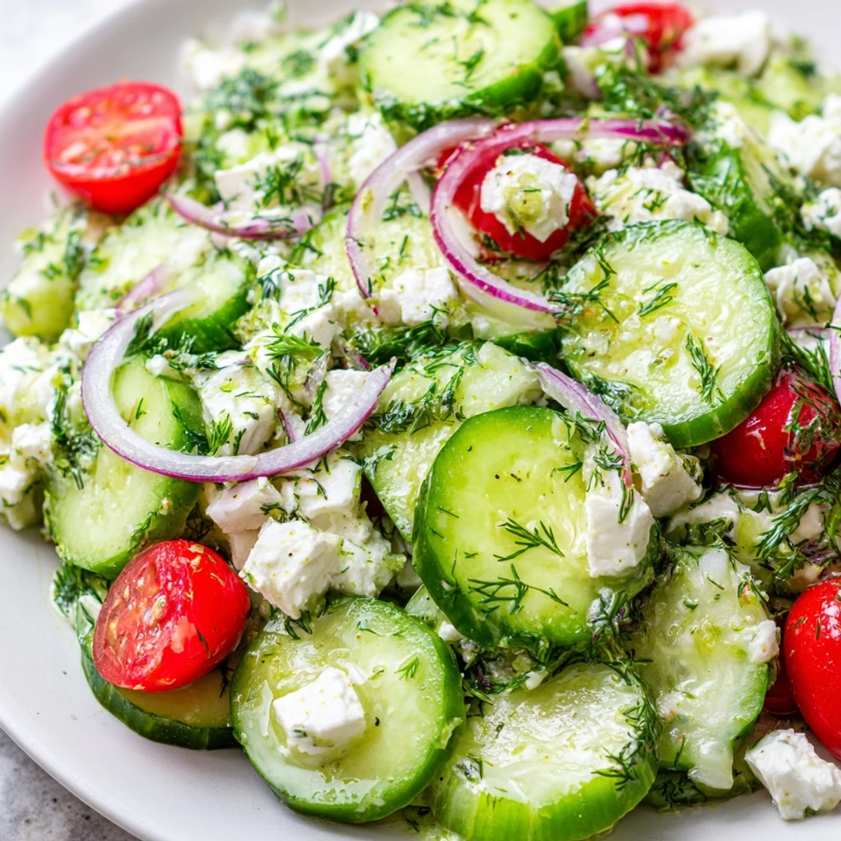 Creamy feta cucumber herb salad tossed with mint and lemon olive oil dressing