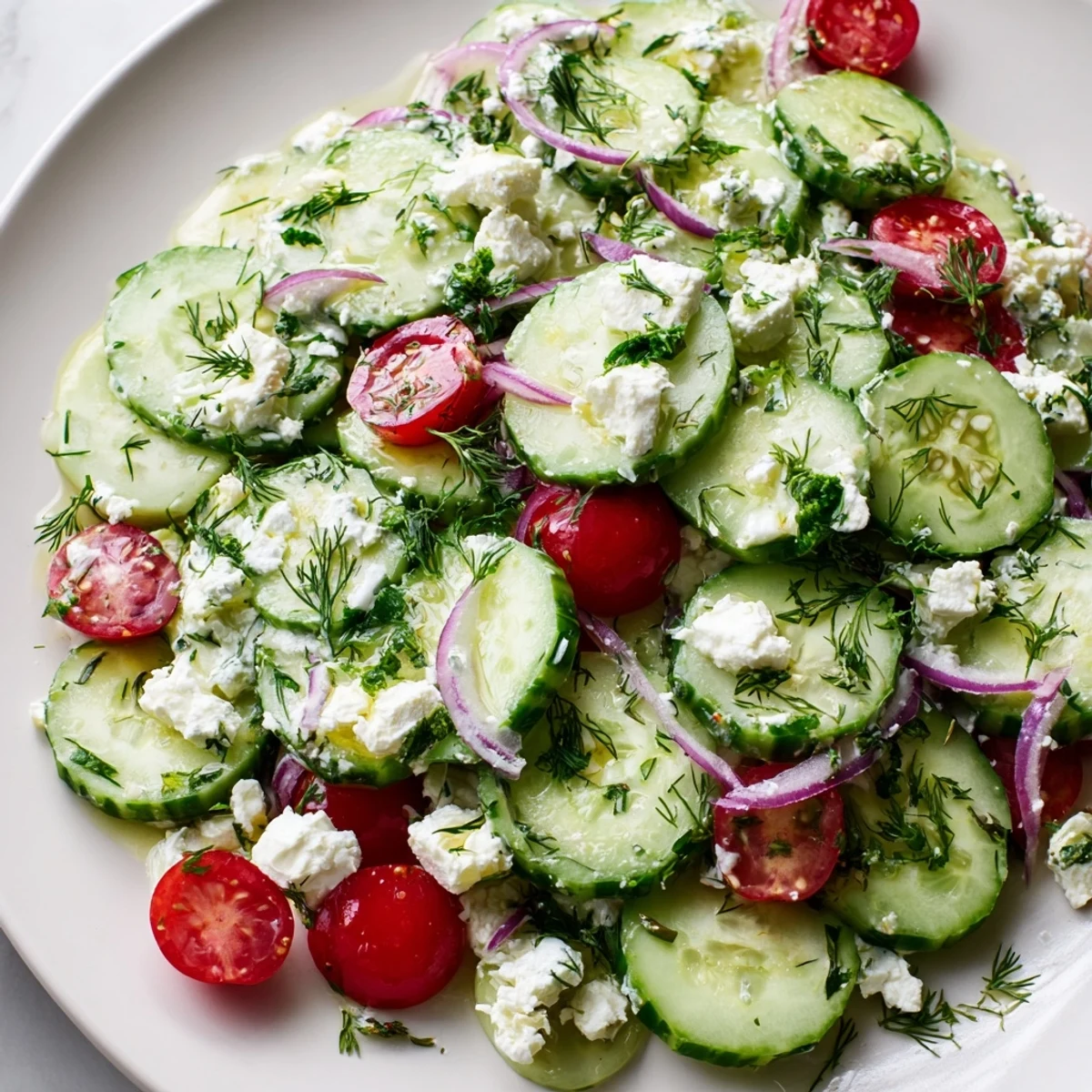 Crisp cucumbers and cherry tomatoes shine in this colorful feta cucumber herb salad