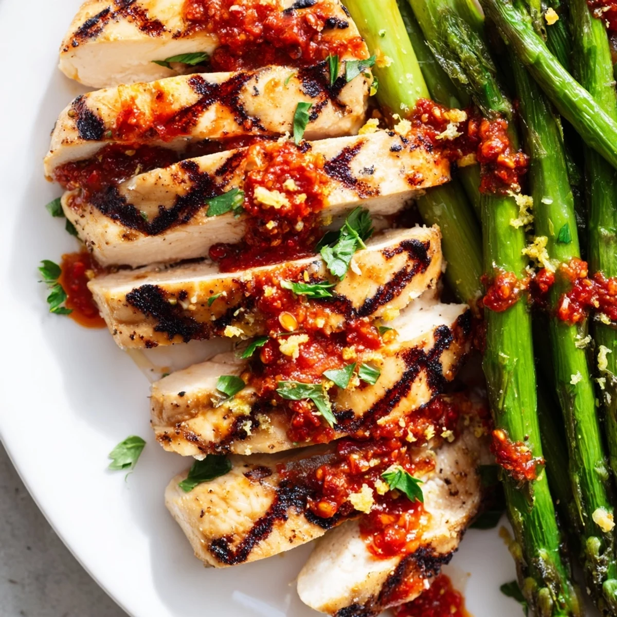 Juicy grilled chicken with tender asparagus drizzled in spicy Calabrian chili sauce on a plate