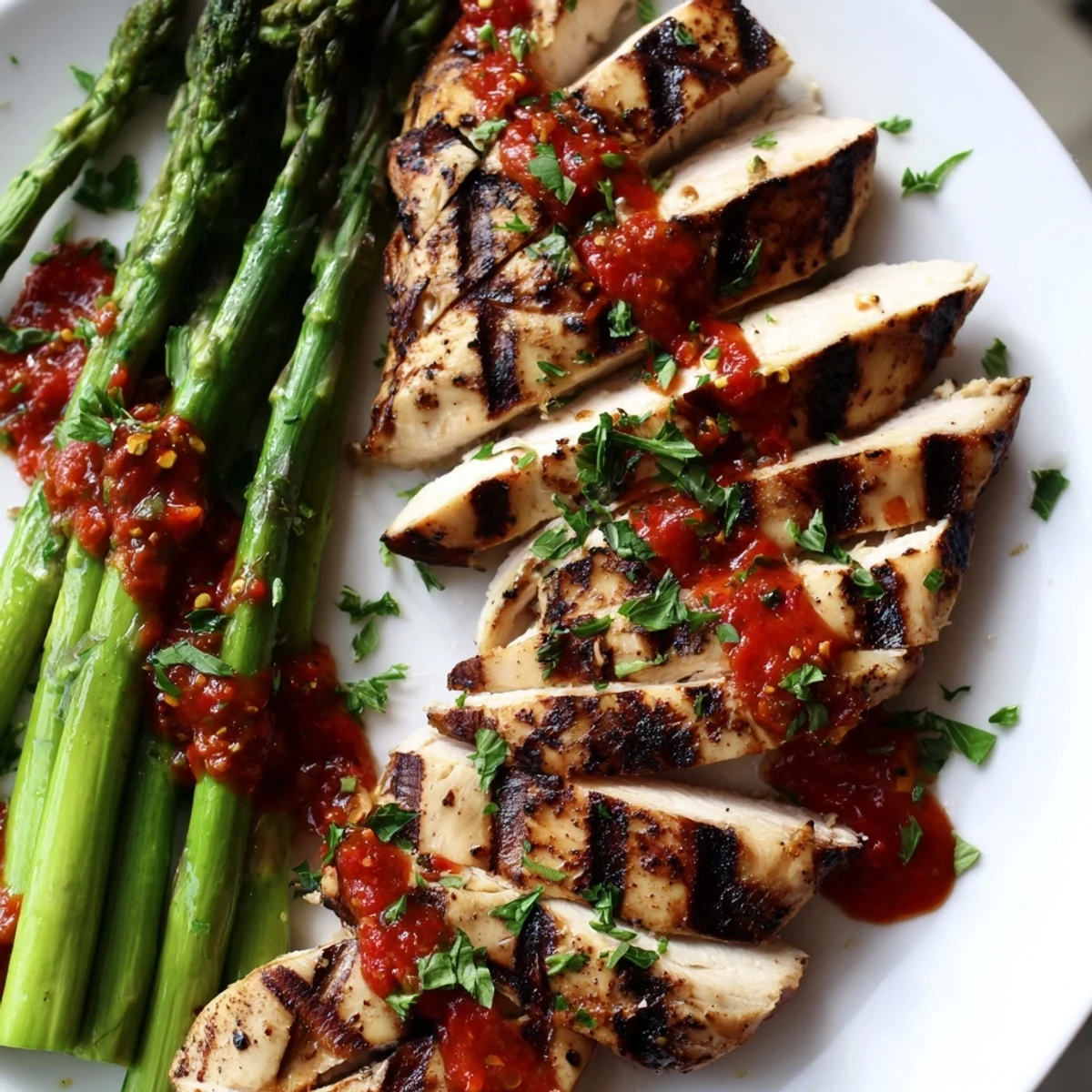 Smoky grilled asparagus chicken topped with vibrant red Calabrian chili sauce and fresh lemon zest
