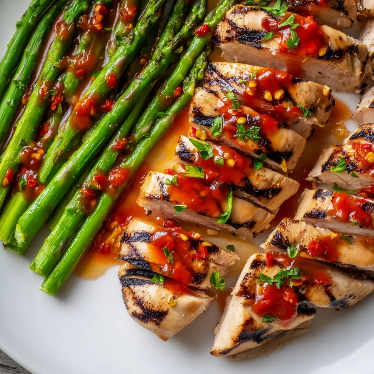 Charred asparagus spears alongside sliced grilled chicken breasts coated in bold Calabrian chili sauce