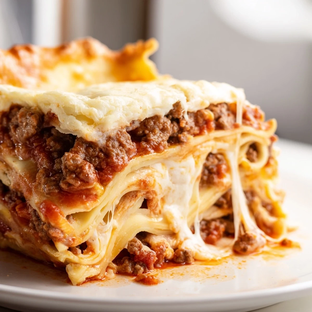 Golden bubbling cheesy lasagna pie with gooey layers sliced on a rustic plate