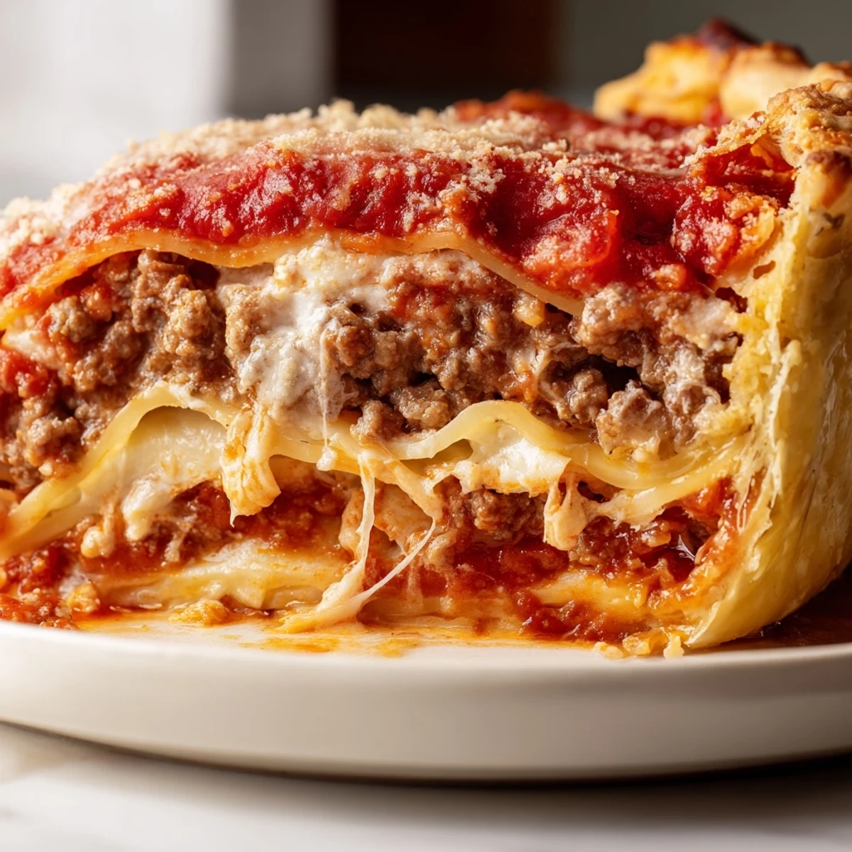 Creamy ricotta and melted mozzarella stretch between hearty layers of cheesy lasagna pie