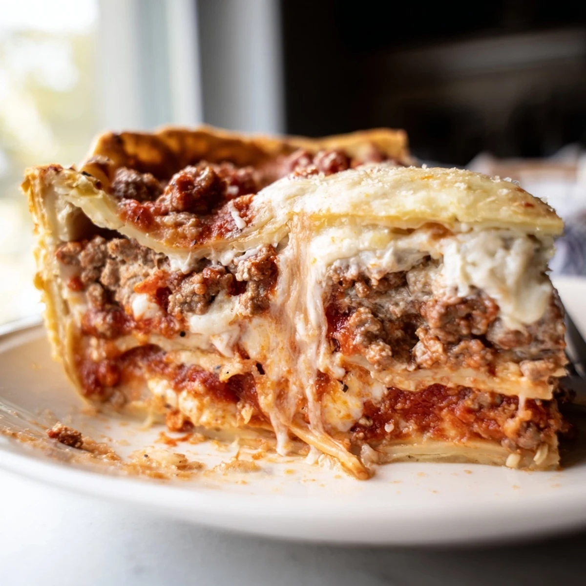 Crusty golden topped cheesy lasagna pie bubbling with rich meat sauce and melted cheese
