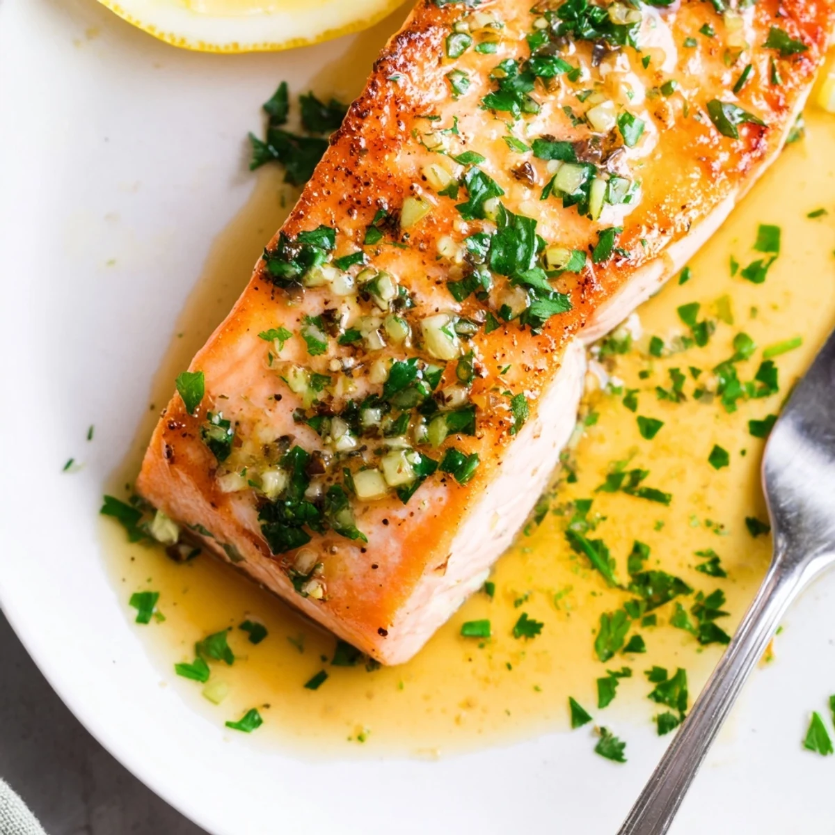 Crispy garlic butter salmon fillets glistening with golden pan sauce and fresh lemon wedges