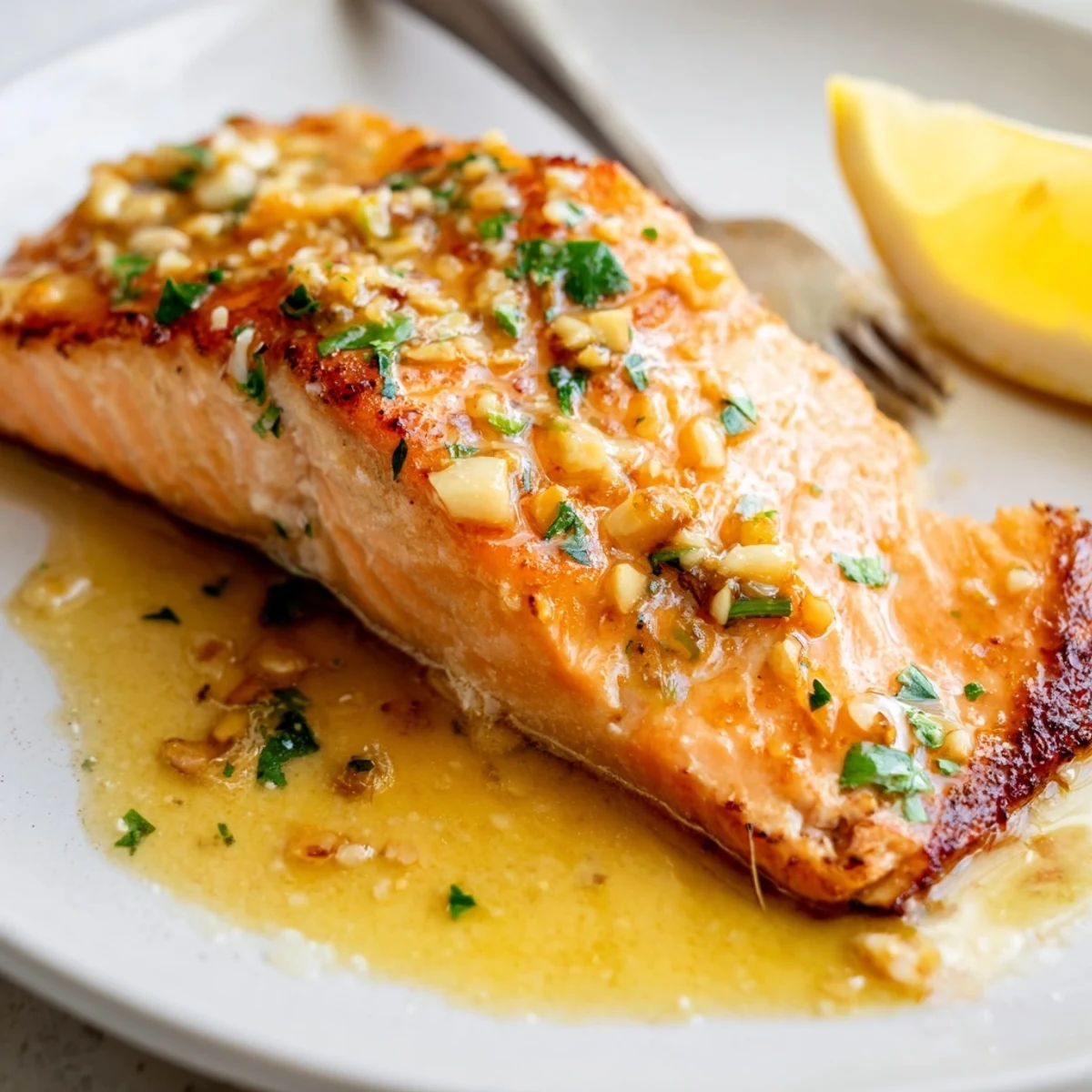 Pan-seared garlic butter salmon drizzled with rich, fragrant lemon herb sauce on a white plate