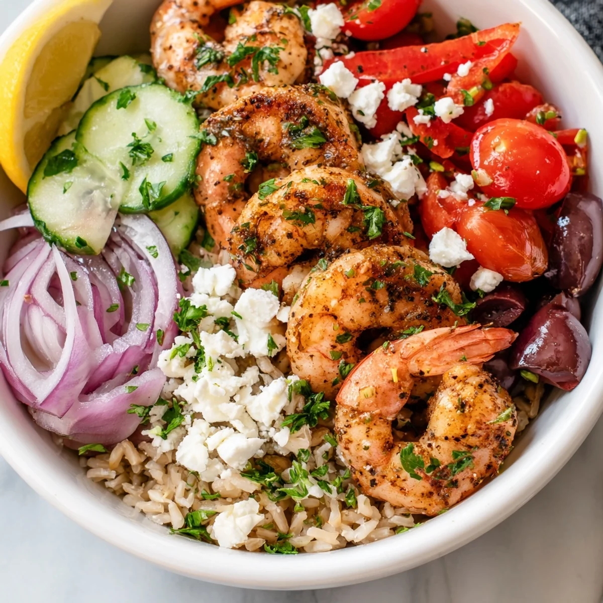 Golden seared Greek shrimp Mediterranean bowl topped with feta and fresh herbs