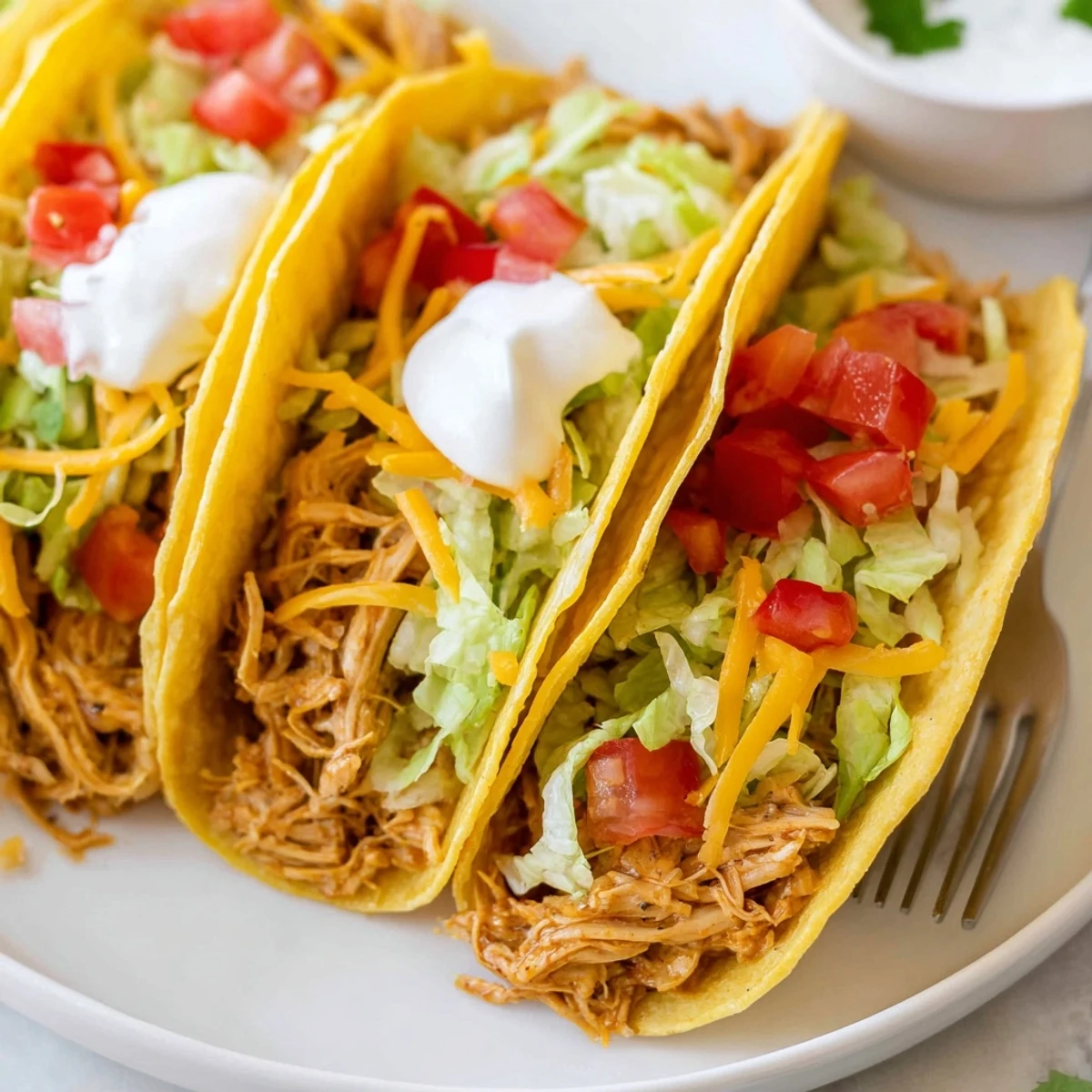Juicy slow cooker ranch chicken tacos topped with melted cheddar and fresh cilantro