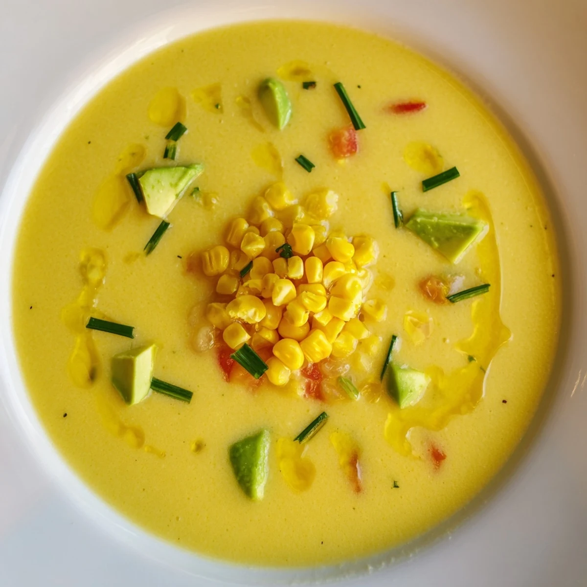 Golden Summer Sweet Corn Gazpacho topped with raw corn kernels chives and a drizzle of olive oil