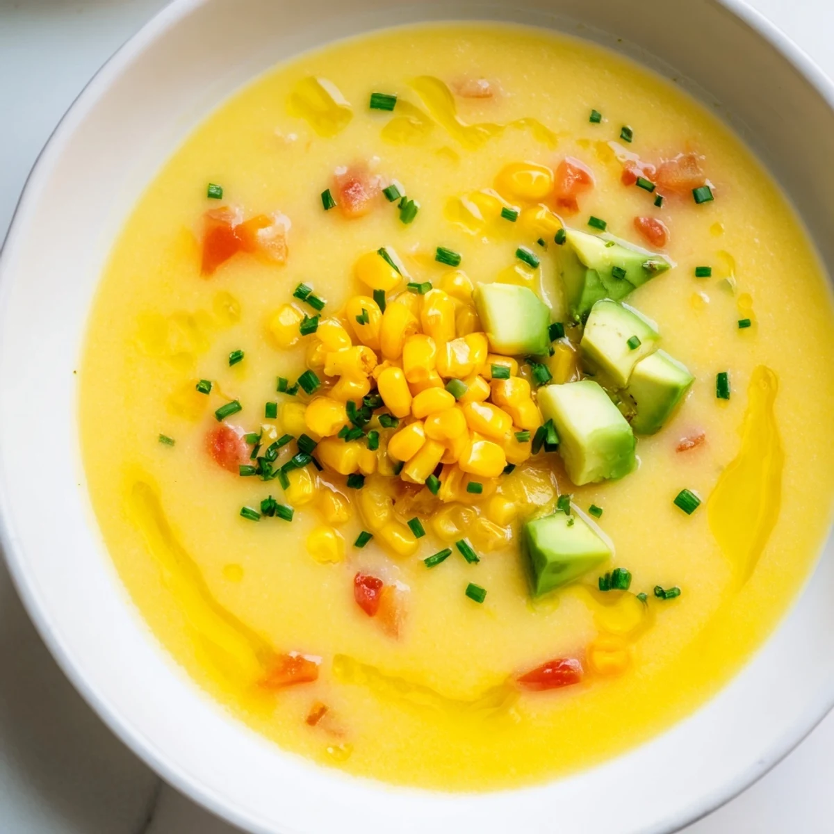 Bright yellow Summer Sweet Corn Gazpacho served in a bowl with fresh avocado garnish on top