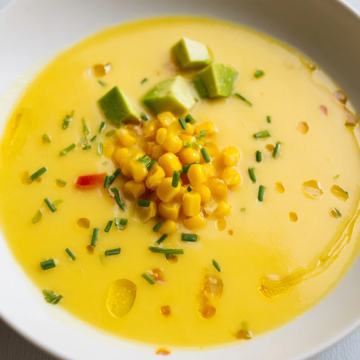 Creamy chilled Summer Sweet Corn Gazpacho poured into shallow bowls alongside crusty bread for dipping