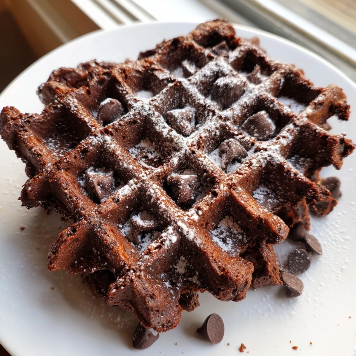 Warm fudgy brownie waffles with crisp edges topped with a scoop of vanilla ice cream